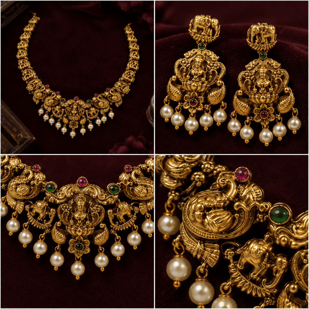 Lakshmi Peacock Temple Necklace Set with Pearl Earrings for Women - Madhushrea collection