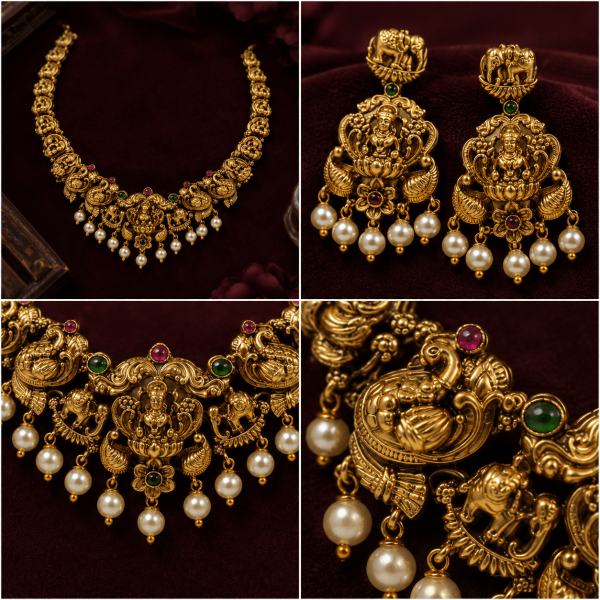Lakshmi Peacock Temple Necklace Set with Pearl Earrings for Women - Madhushrea collection