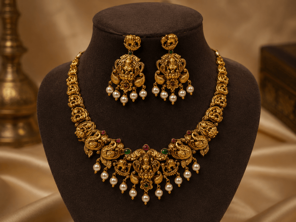 Lakshmi Peacock Temple Necklace Set with Pearl Earrings for Women - Madhushrea collection