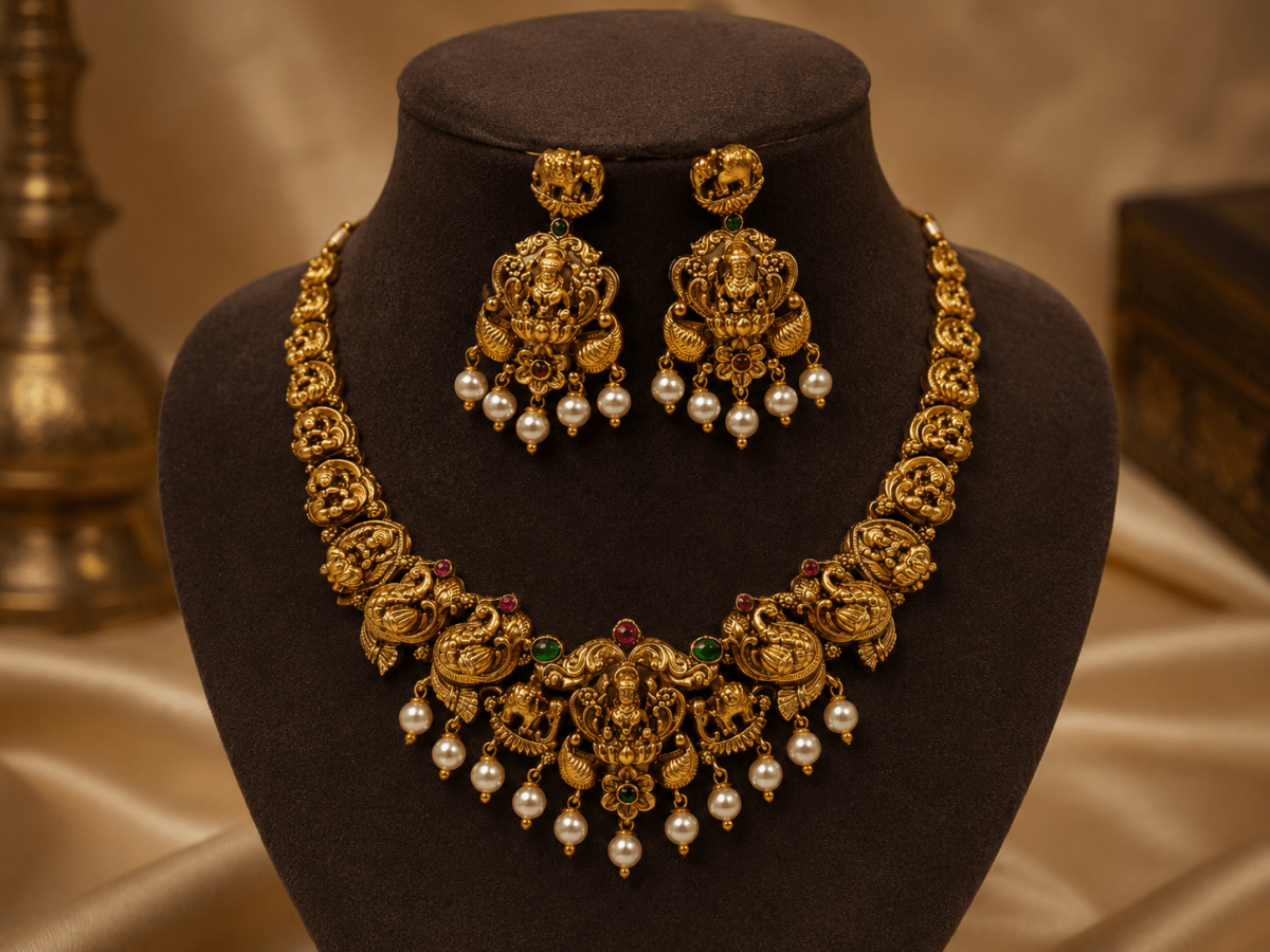 Lakshmi Peacock Temple Necklace Set with Pearl Earrings for Women - Madhushrea collection
