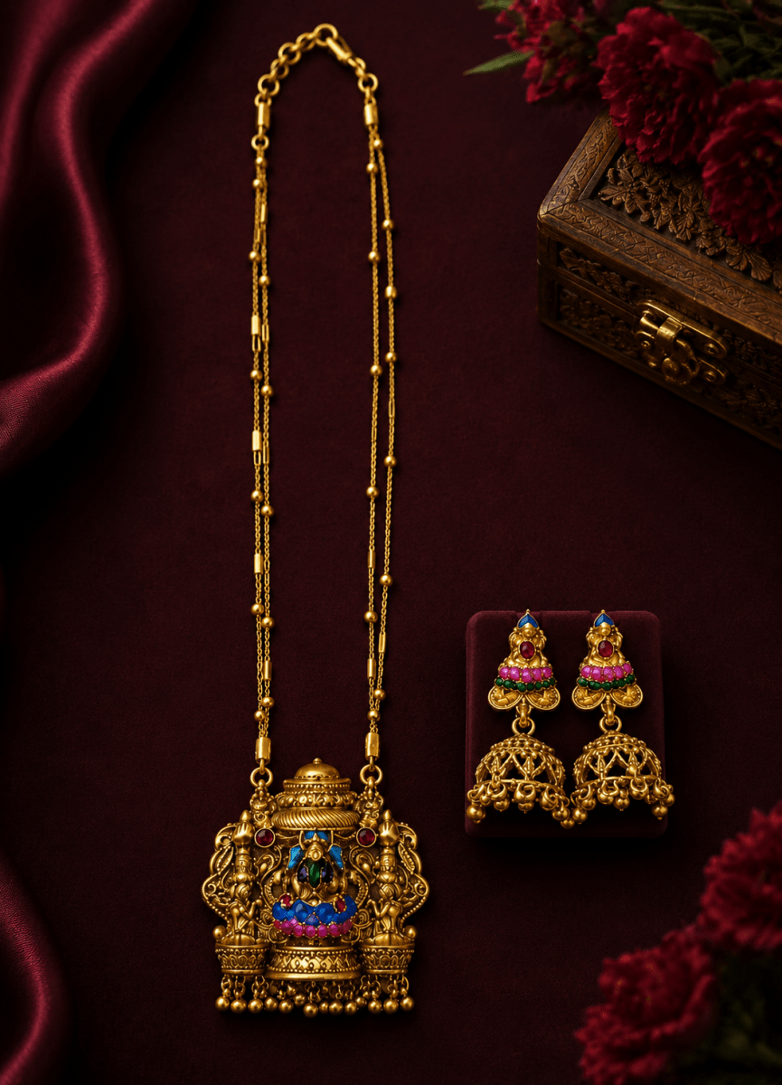 Lakshmi Temple Long Necklace Set with Traditional Jhumka Earrings - Madhushrea collection