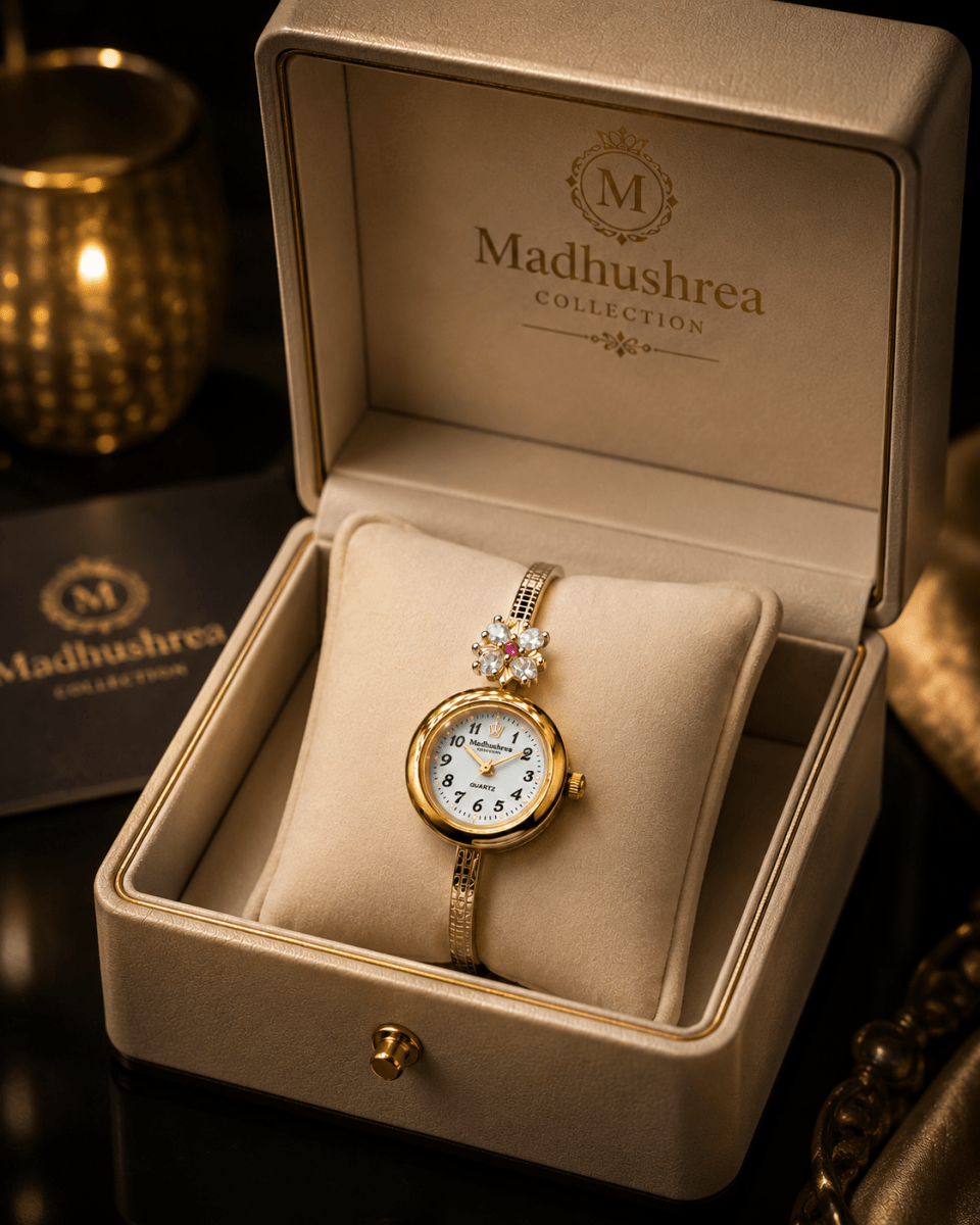 Luxury Gold Plated Anti-Tarnish Floral Bracelet Watch for Women | Stylish Kada Watch with Crystal Flower Design | Premium Gift for Women & Girls - Madhushrea collection
