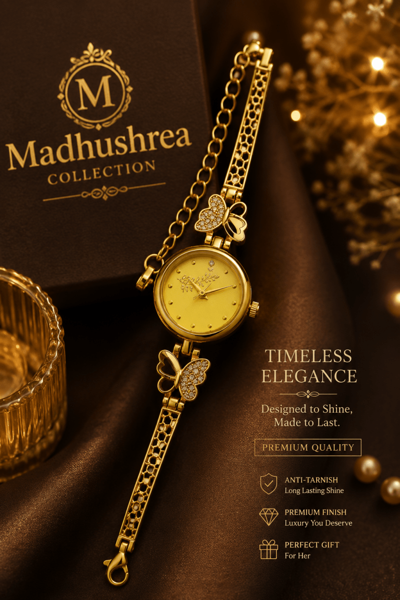 Luxury Gold Plated Butterfly Bracelet Watch for Women | Anti-Tarnish Designer Ladies Watch | Elegant Party Wear Wrist Watch - Madhushrea collection