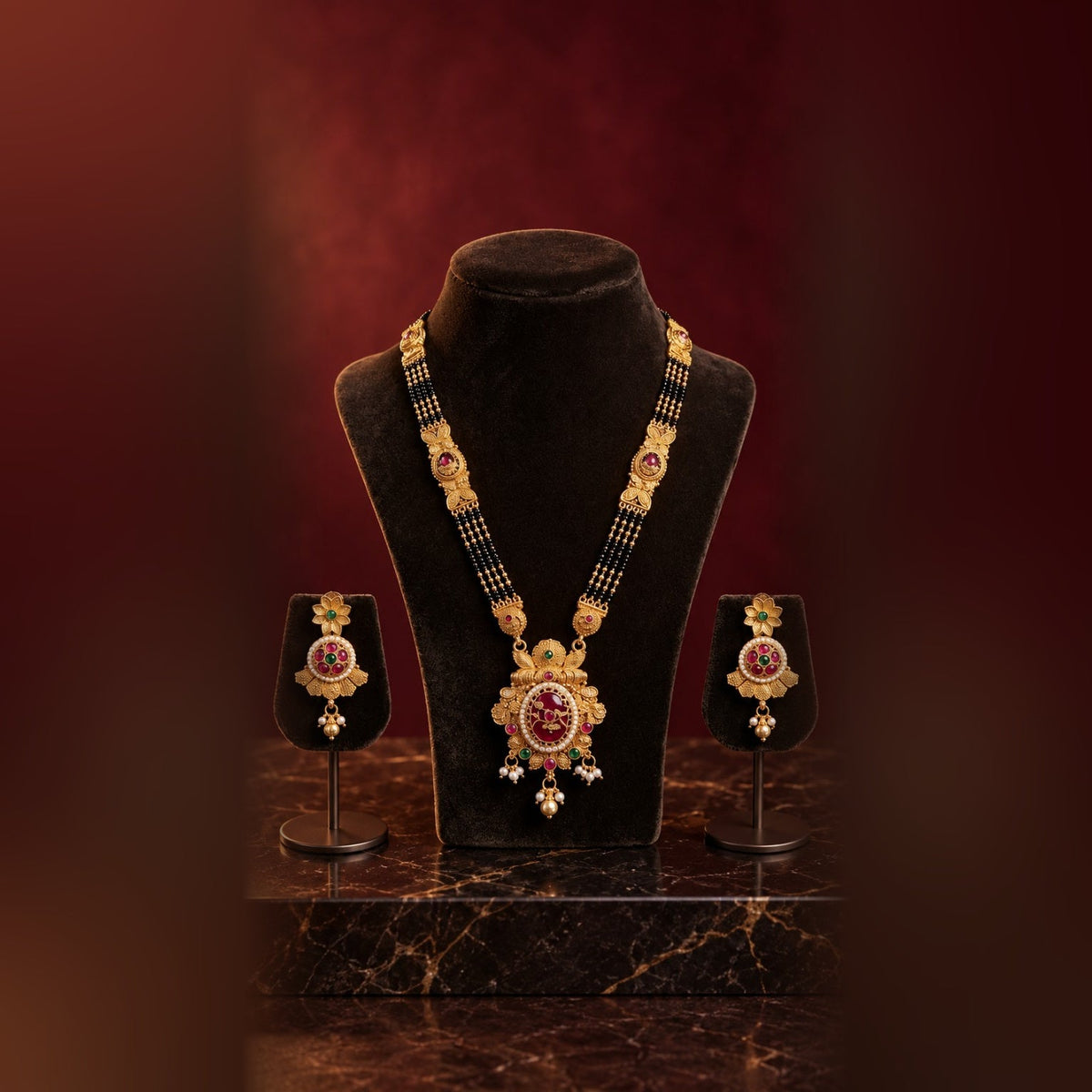 Square product photo of traditional black-bead mangalsutra set