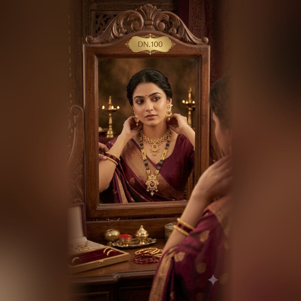 Square model photo wearing the long black-bead mangalsutra