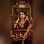 Square model photo wearing the long black-bead mangalsutra