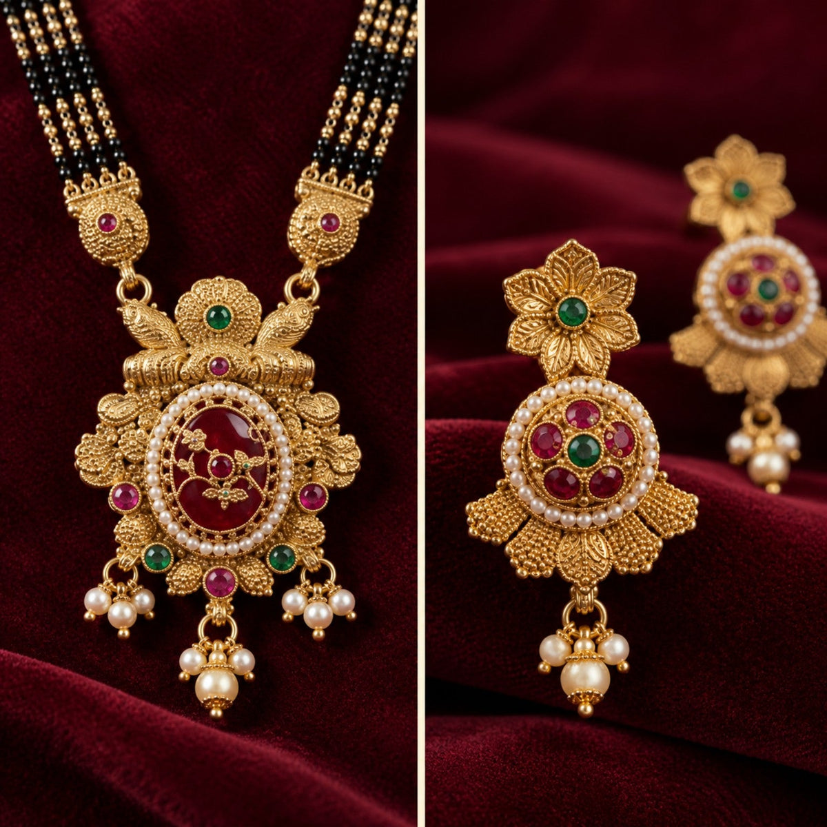 Square close-up of the mangalsutra pendant and matching earrings