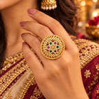 Maharani Chakra antique gold multicolor adjustable statement ring worn on hand