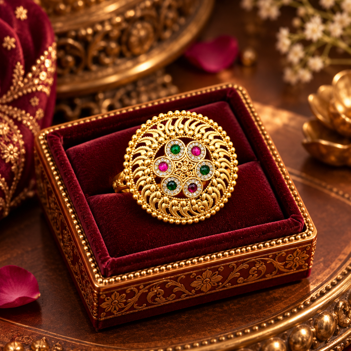 Maharani Chakra antique gold multicolor adjustable statement ring in premium jewellery box