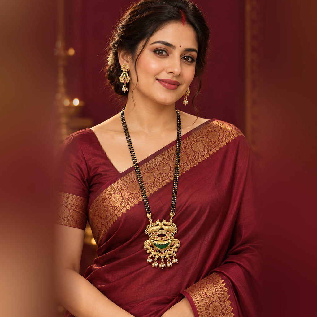 Square model photo wearing long Twin Bird Pendant Mangalsutra