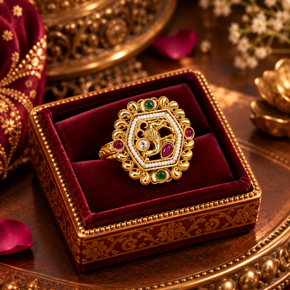 Marudhar antique gold camel motif adjustable statement ring in classical jewellery box