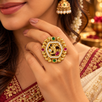Marudhar antique gold camel motif adjustable statement ring worn by model