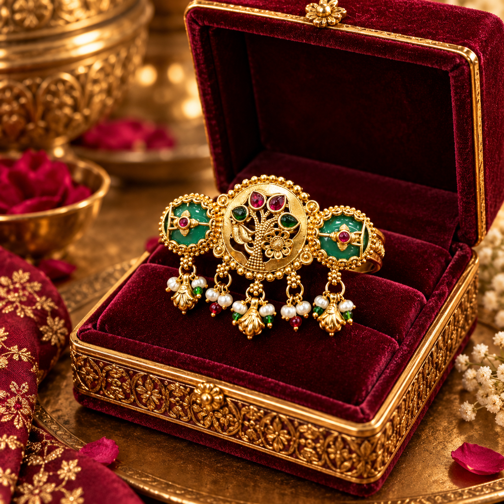Mayur Mahal antique gold peacock statement adjustable ring in premium jewellery box