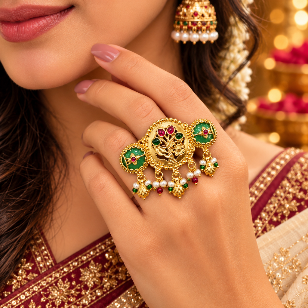 Mayur Mahal antique gold peacock statement adjustable ring worn on a woman's hand