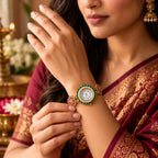 Mayur Heritage Watch Emerald Green worn on wrist with saree