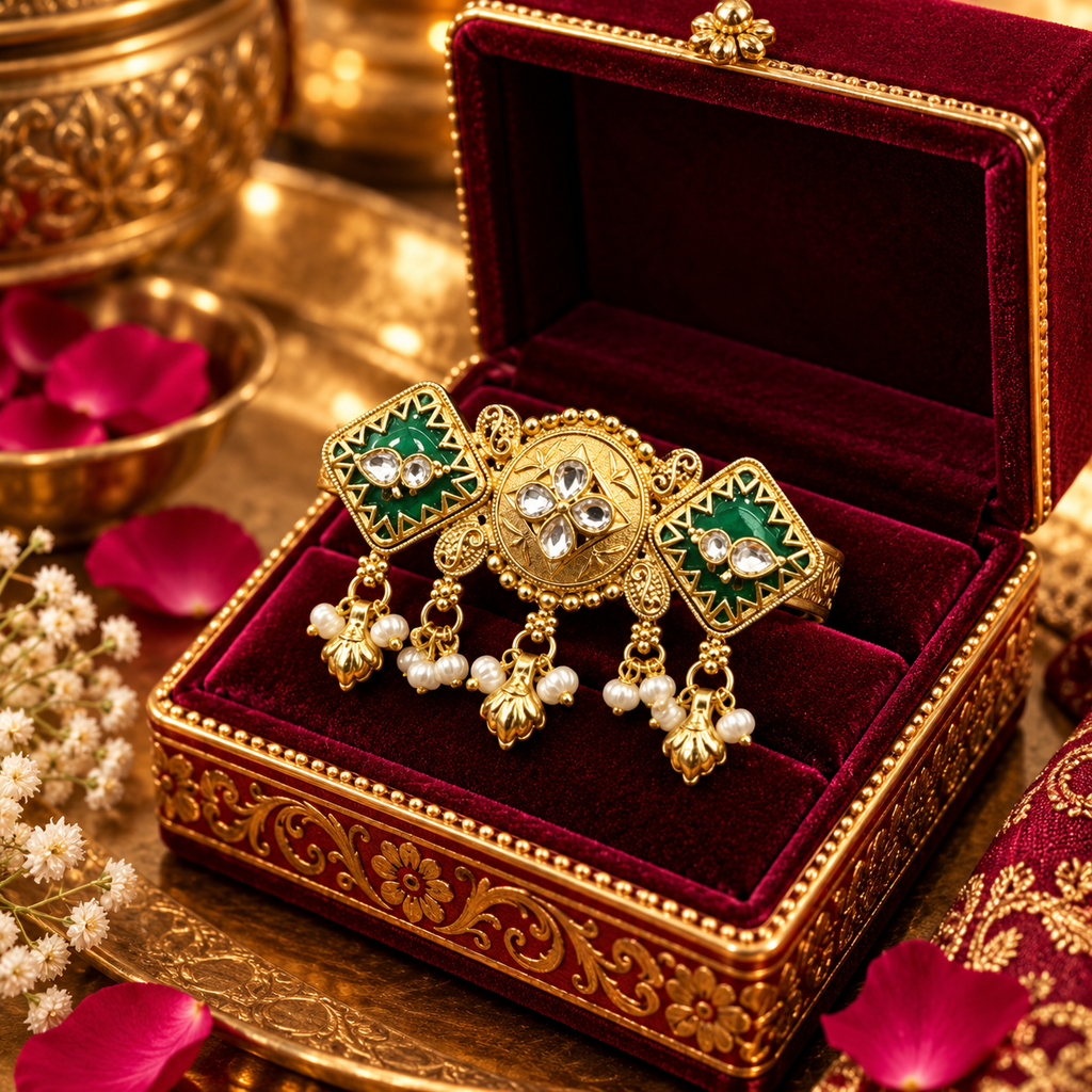 Noor Jharokha antique gold green adjustable statement ring in premium jewellery box