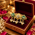 Noor Jharokha antique gold green adjustable statement ring in premium jewellery box