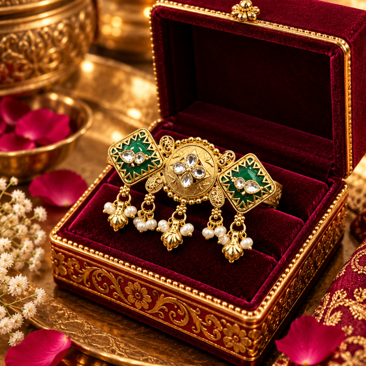Noor Jharokha antique gold green adjustable statement ring in premium jewellery box