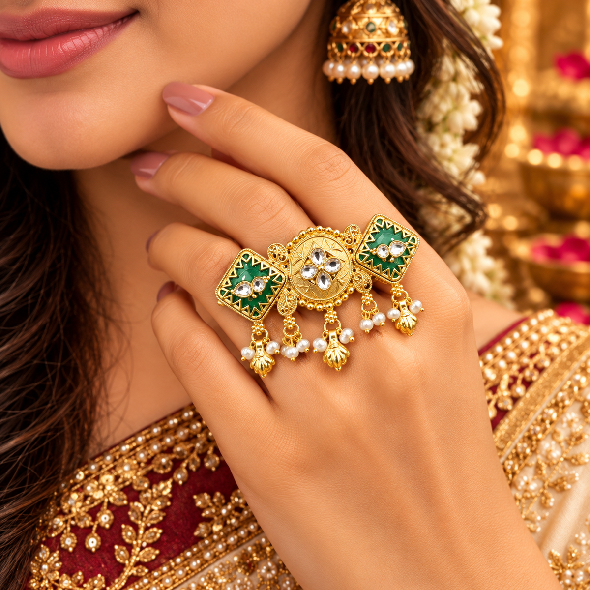 Noor Jharokha antique gold green adjustable statement ring worn on a woman's hand