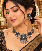 Oxidised Silver Floral Choker Necklace Set with Matching Earrings