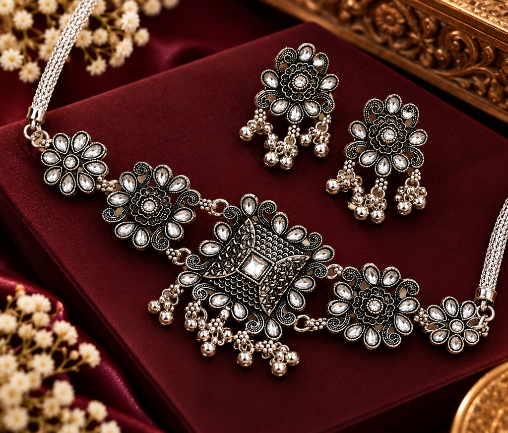 Oxidised Silver Floral Choker Necklace Set with Matching Earrings