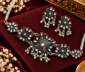 Oxidised Silver Floral Choker Necklace Set with Matching Earrings