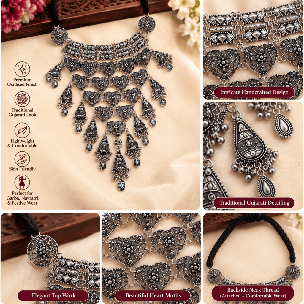 Oxidised Silver Layered Heart Choker Necklace Set - Madhushrea collection