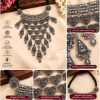 Oxidised Silver Layered Heart Choker Necklace Set - Madhushrea collection