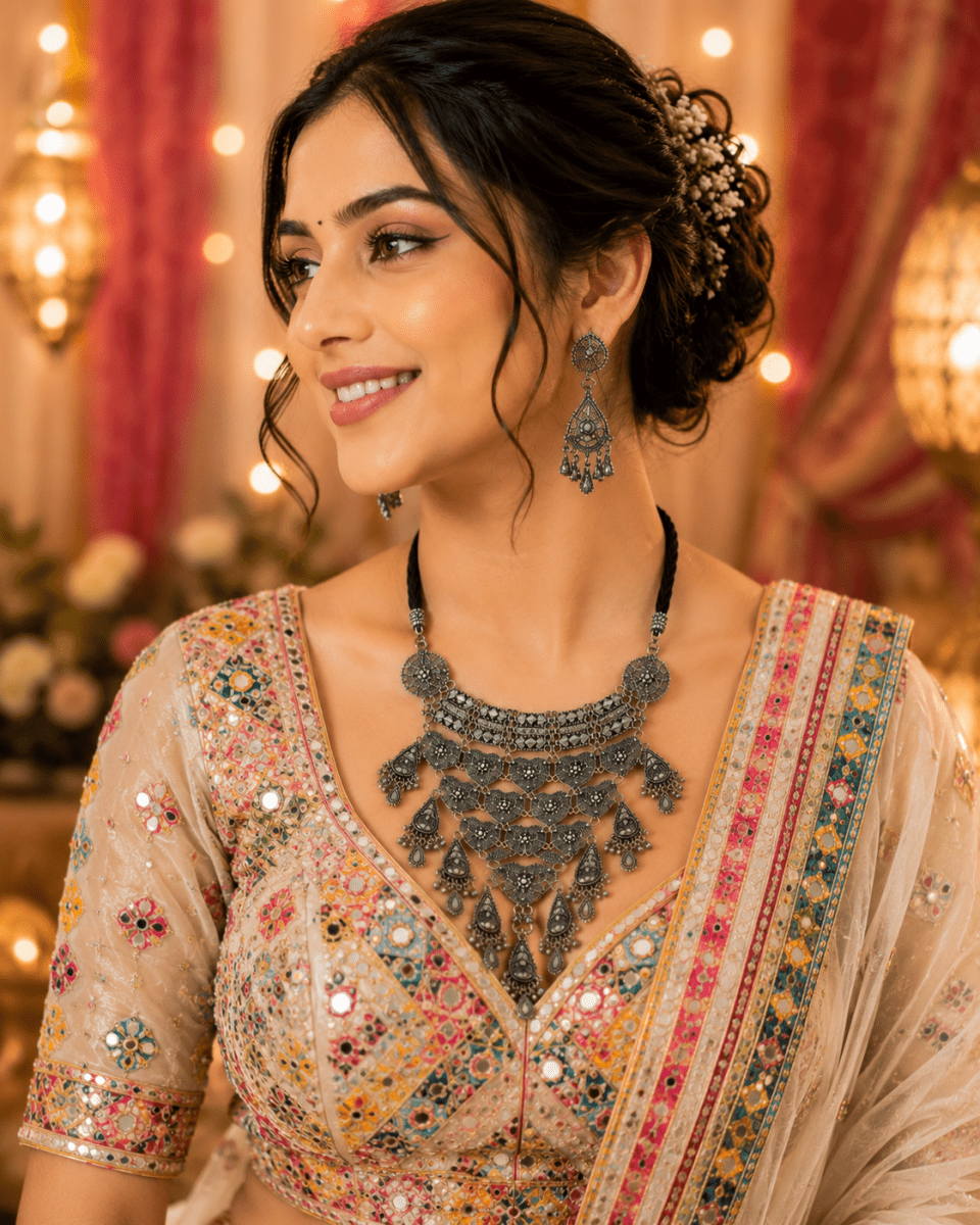 Oxidised Silver Layered Heart Choker Necklace Set - Madhushrea collection