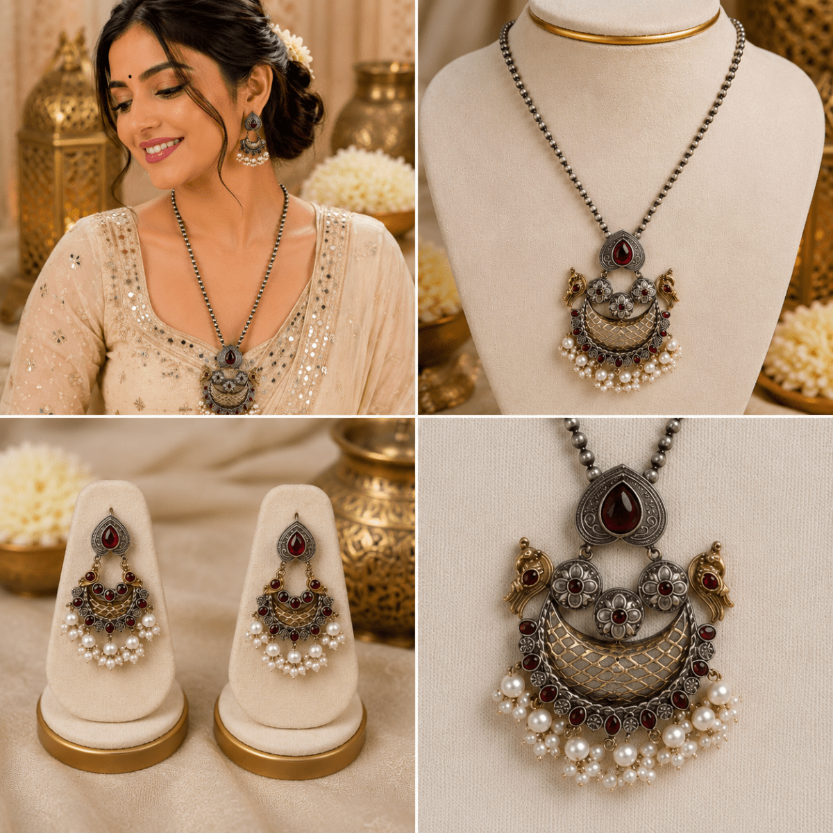 Oxidised Silver Meenakari Drop Pendant Necklace Set - Madhushrea collection