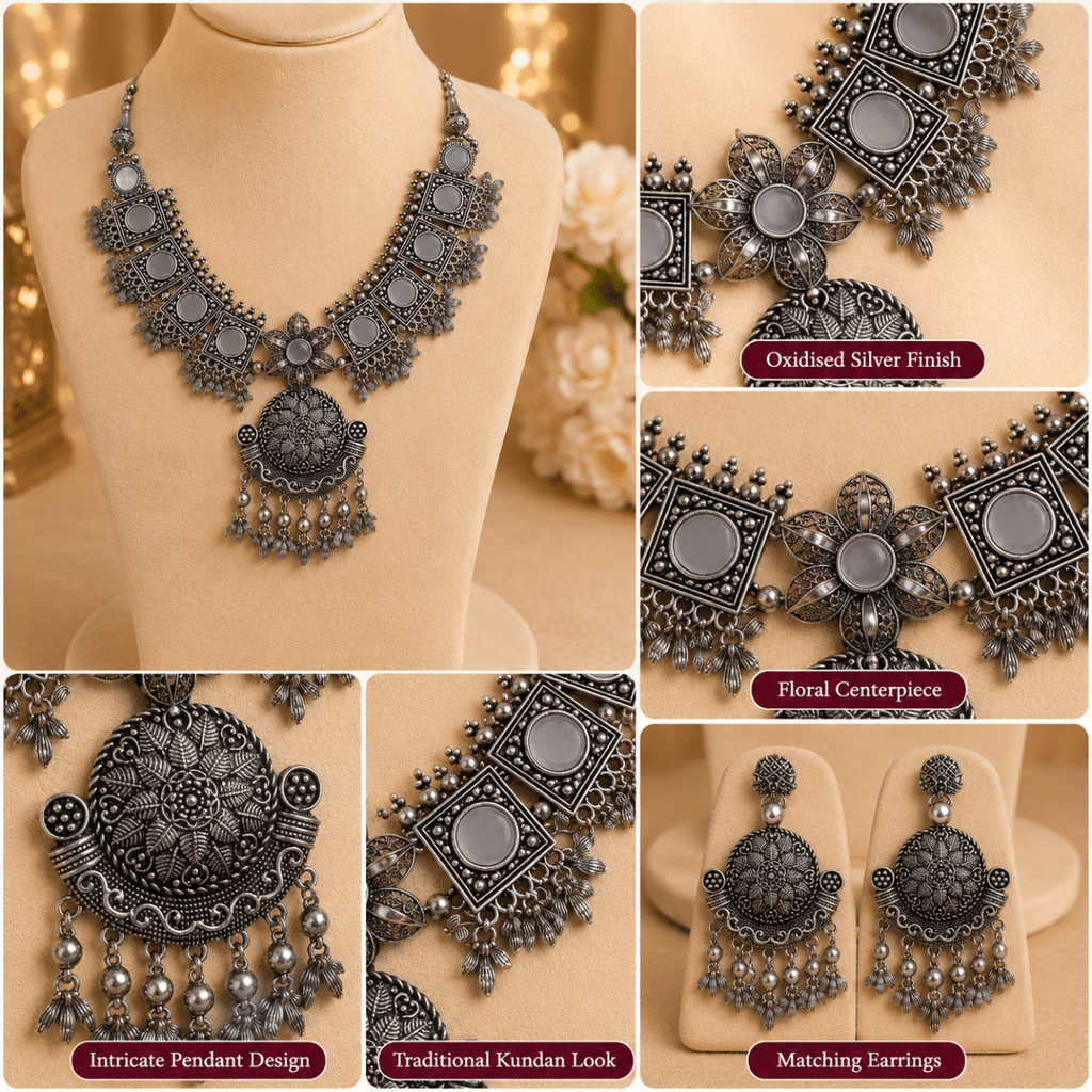 Oxidised Silver Mirror Statement Necklace Set - Madhushrea collection