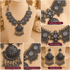 Oxidised Silver Mirror Statement Necklace Set - Madhushrea collection