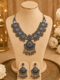 Oxidised Silver Mirror Statement Necklace Set - Madhushrea collection