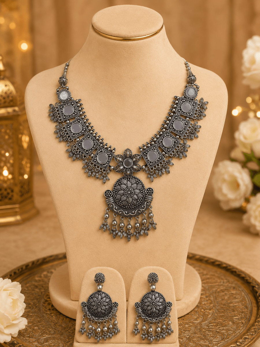 Oxidised Silver Mirror Statement Necklace Set - Madhushrea collection