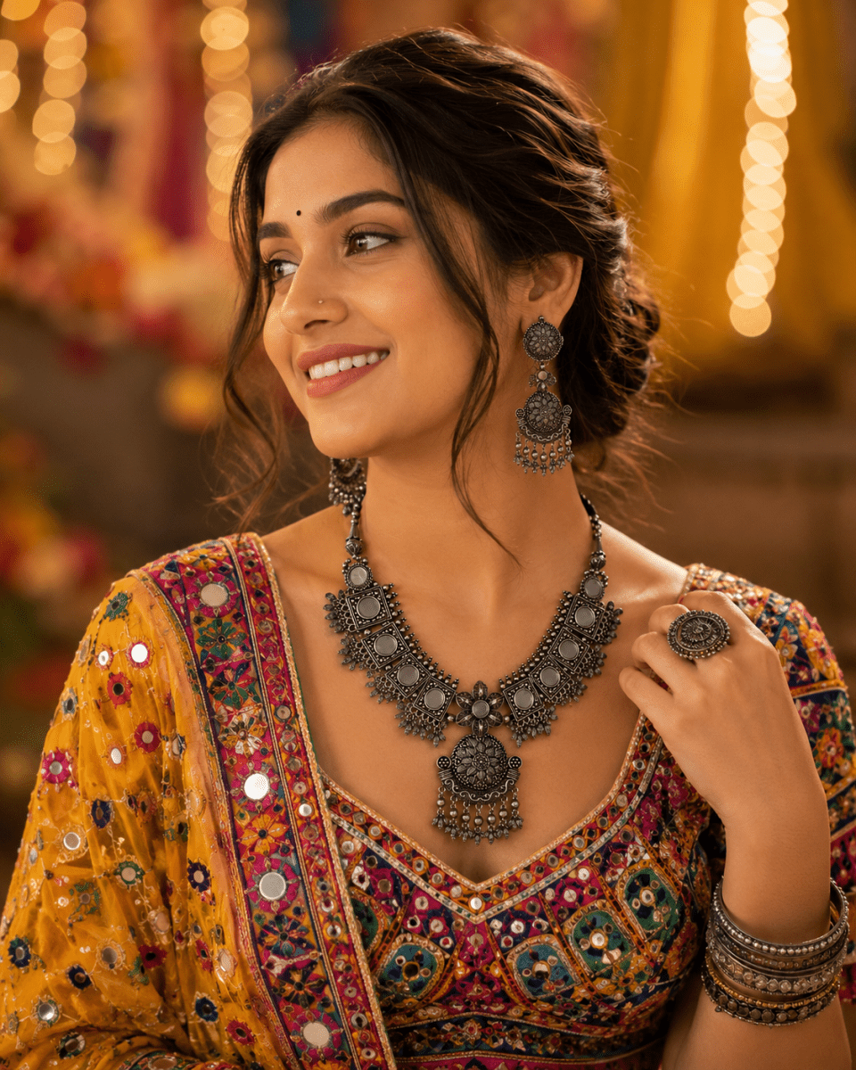 Oxidised Silver Mirror Statement Necklace Set - Madhushrea collection