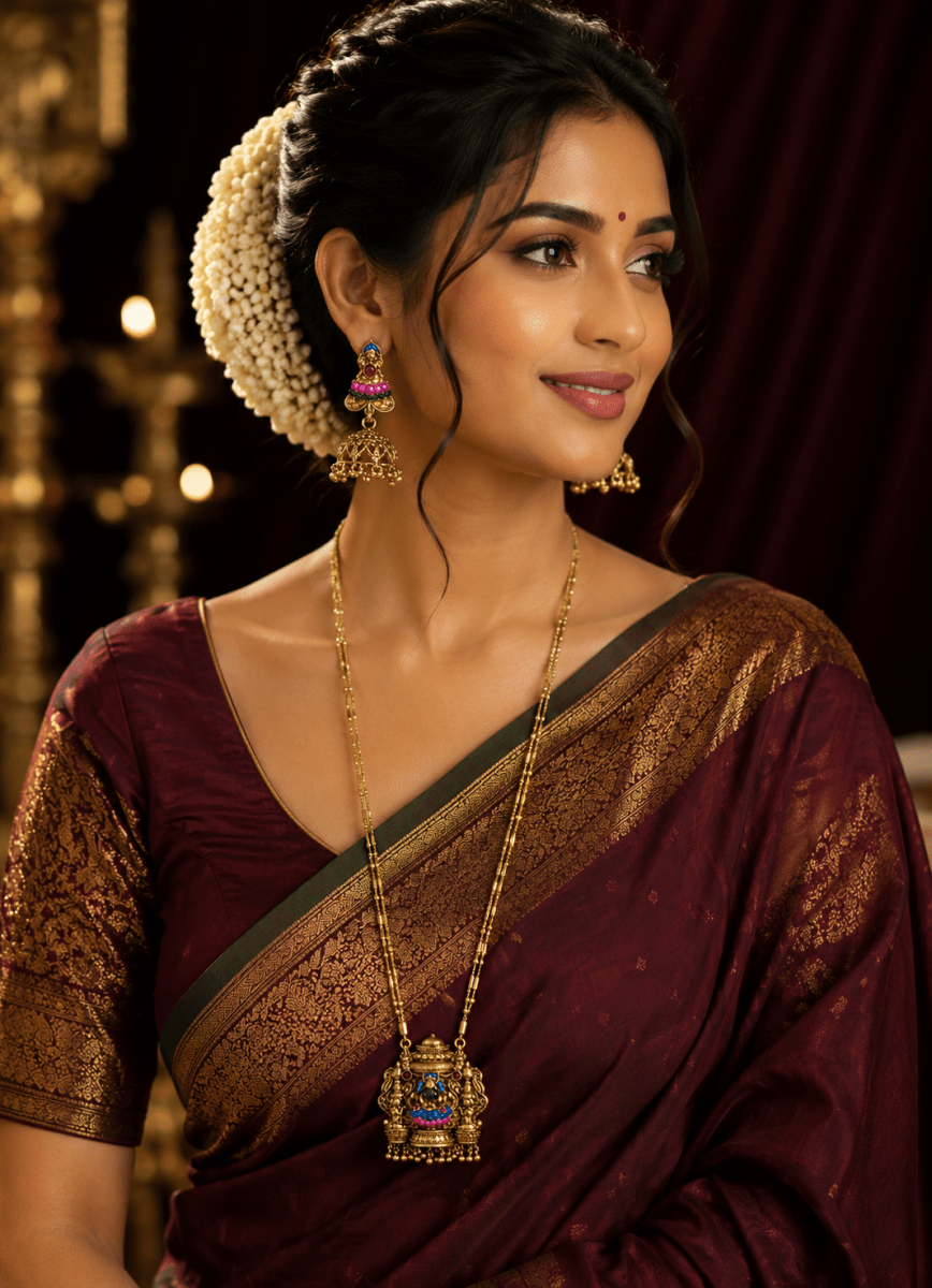 Peacock Temple Long Necklace Set with Traditional Jhumka Earrings - Madhushrea collection