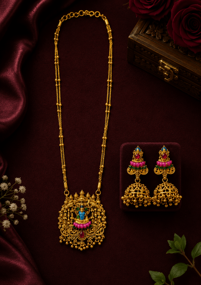 Peacock Temple Long Necklace Set with Traditional Jhumka Earrings - Madhushrea collection