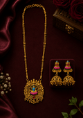 Peacock Temple Long Necklace Set with Traditional Jhumka Earrings - Madhushrea collection