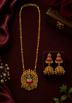 Peacock Temple Long Necklace Set with Traditional Jhumka Earrings - Madhushrea collection