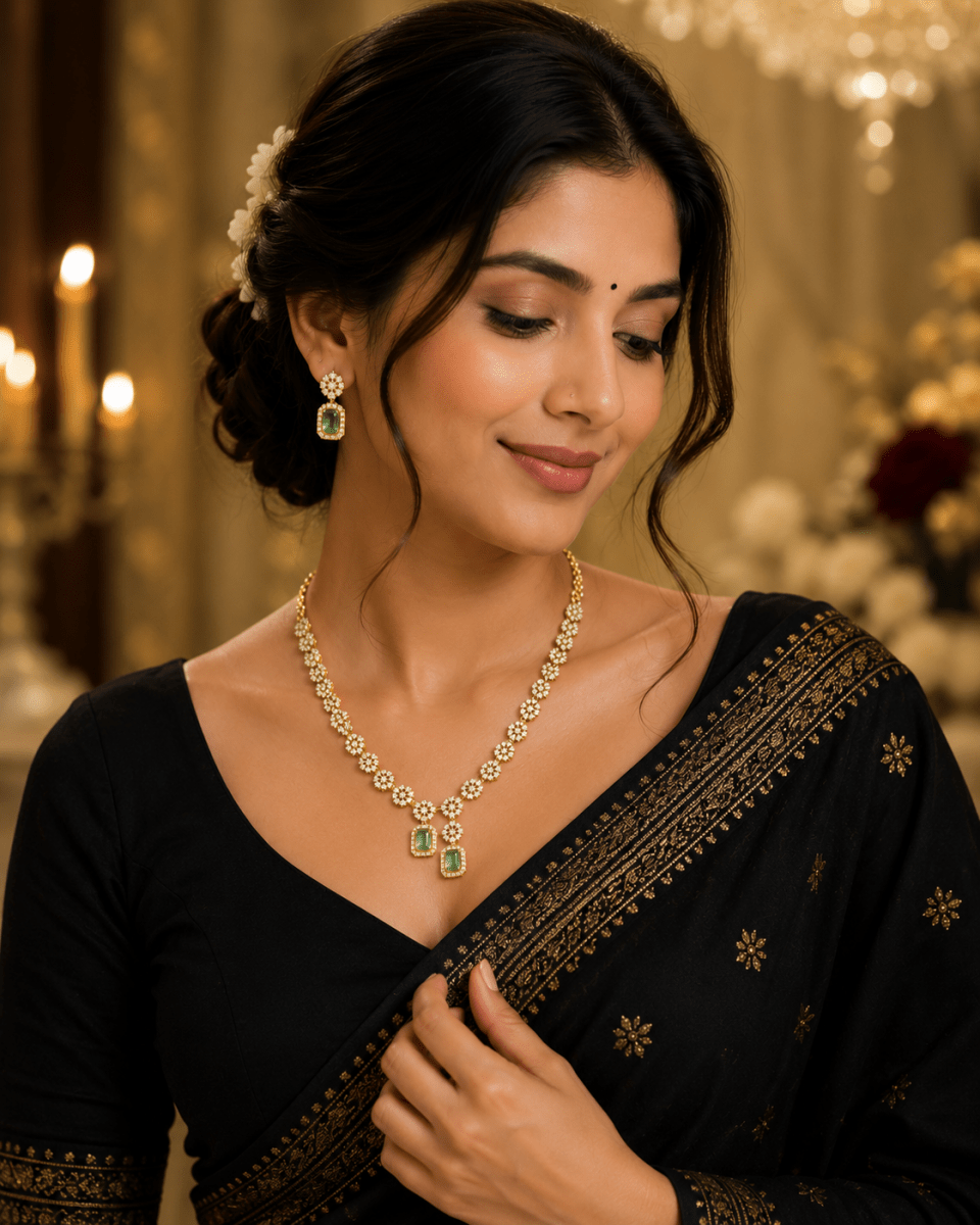 Premium AD Floral Green Stone Necklace Set with Earrings - Madhushrea collection