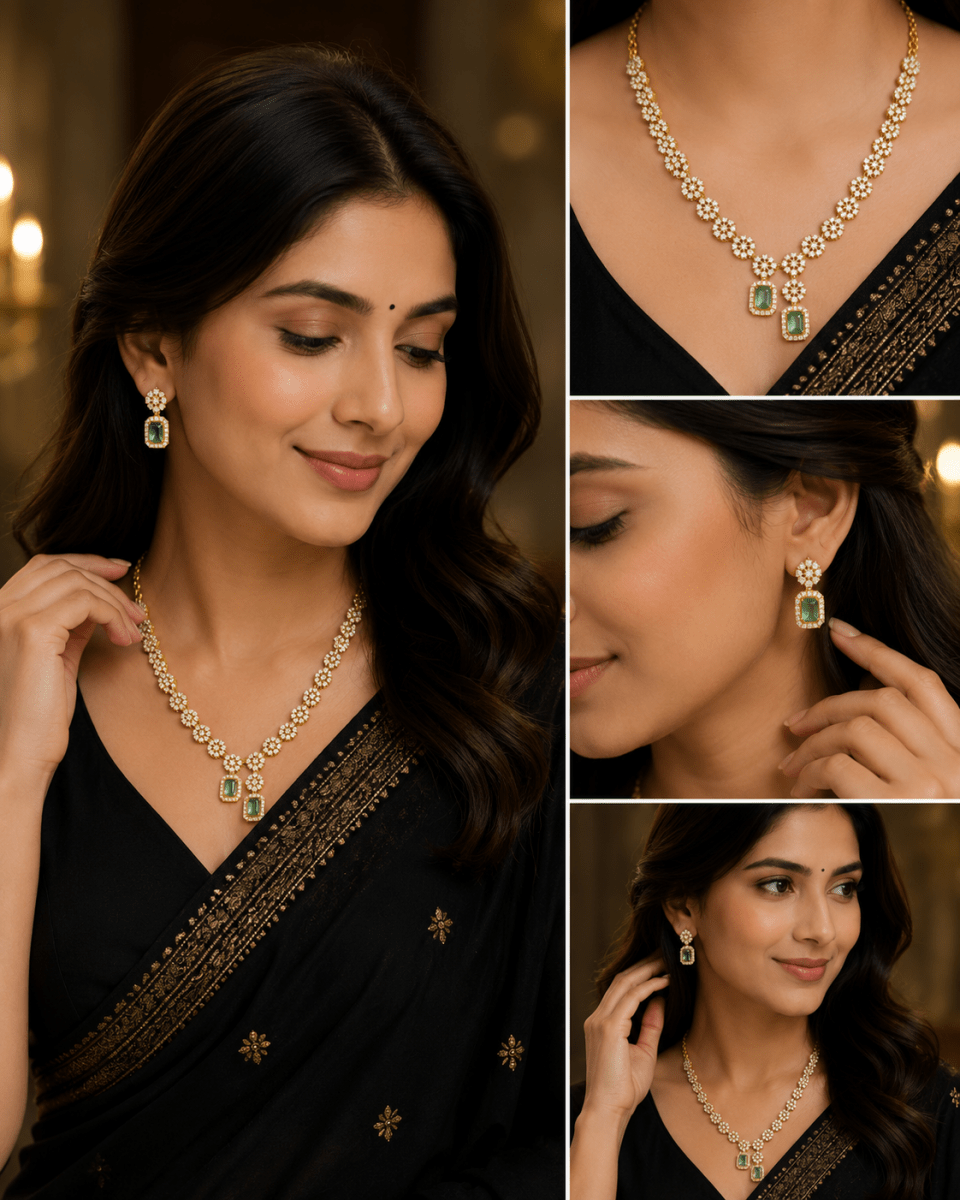 Premium AD Floral Green Stone Necklace Set with Earrings - Madhushrea collection