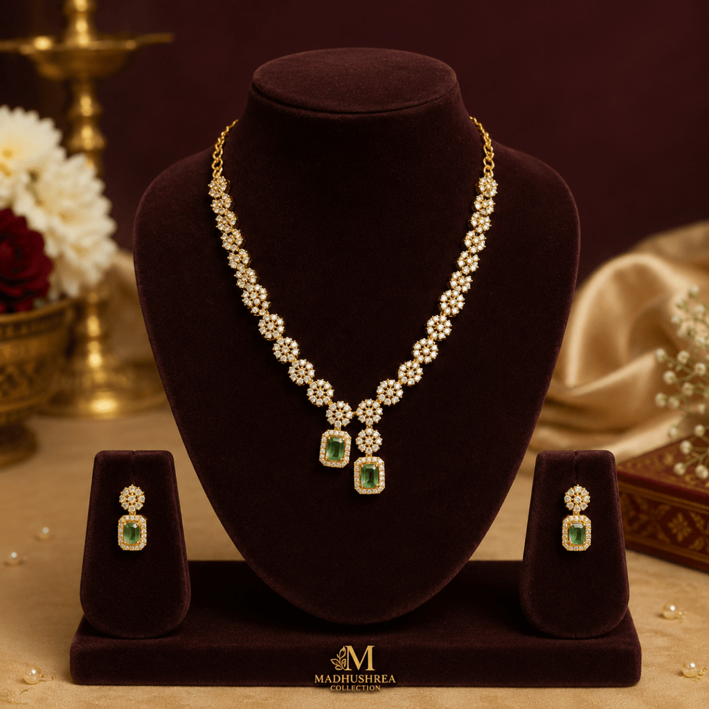 Premium AD Floral Green Stone Necklace Set with Earrings - Madhushrea collection