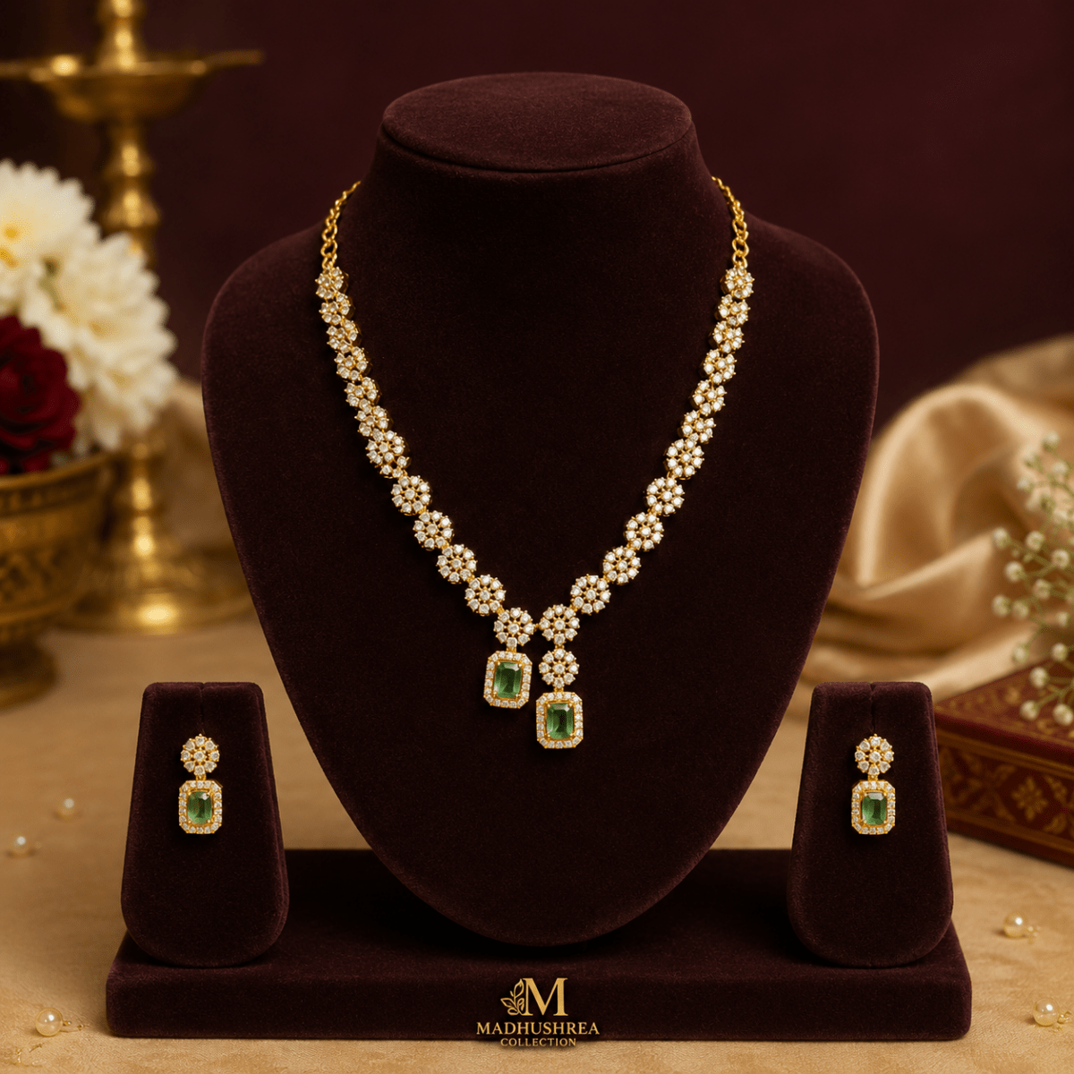 Premium AD Floral Green Stone Necklace Set with Earrings - Madhushrea collection