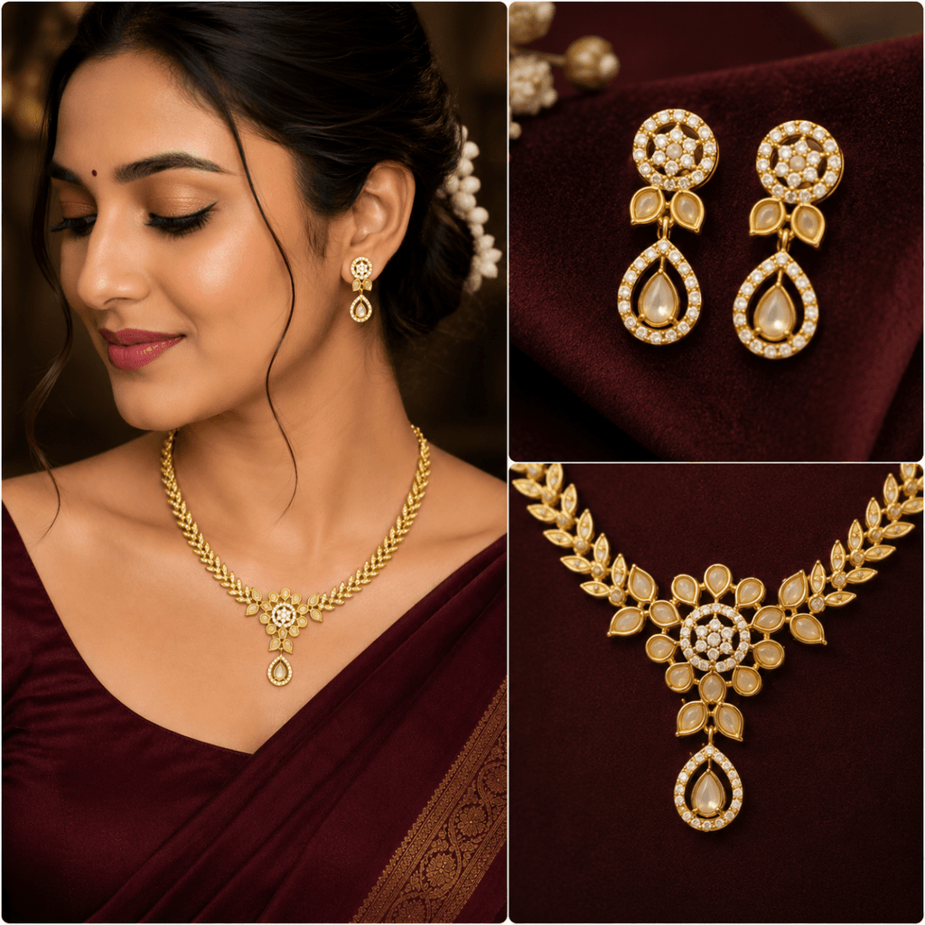 Premium AD Leaf Design Necklace Set with Earrings for Women - Madhushrea collection