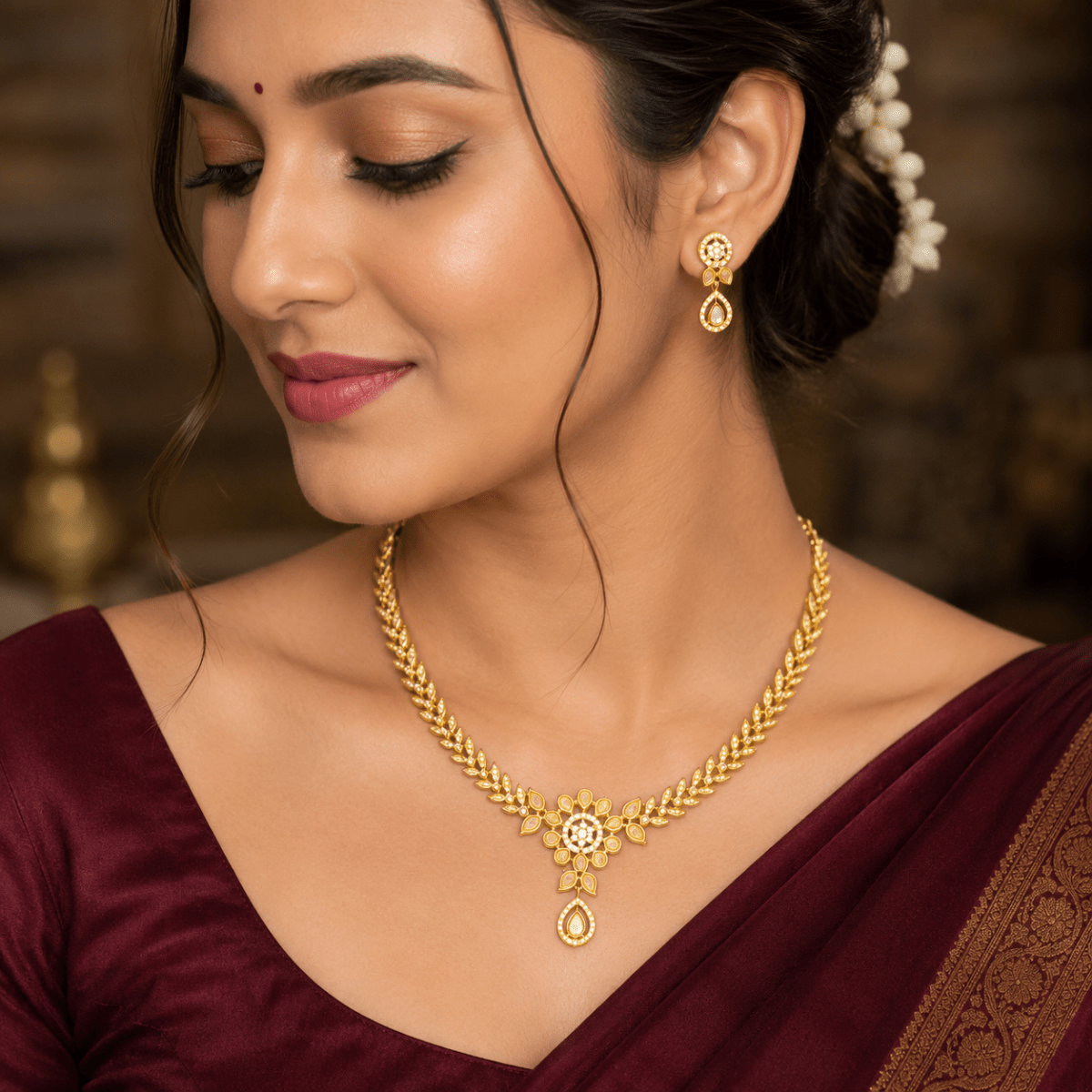 Premium AD Leaf Design Necklace Set with Earrings for Women - Madhushrea collection