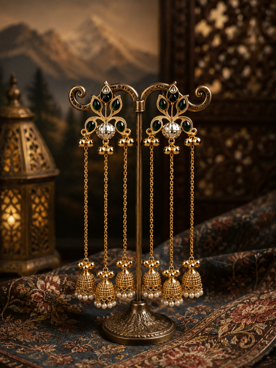 Premium Kashmiri Style Long Chain Jhumka Earrings for Women | Green Stone Gold Plated Pearl Drop Ethnic Earrings | Wedding, Festive & Party Wear - Madhushrea collection