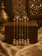 Premium Kashmiri Style Long Chain Jhumka Earrings for Women | Green Stone Gold Plated Pearl Drop Ethnic Earrings | Wedding, Festive & Party Wear - Madhushrea collection