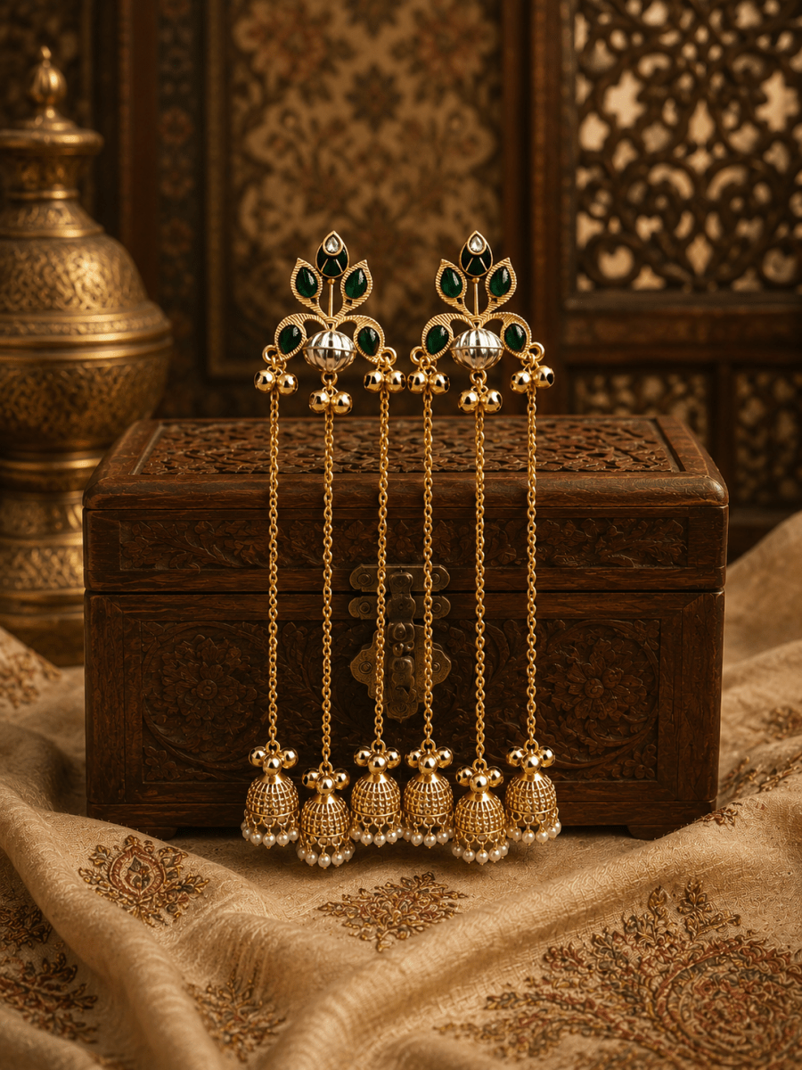 Premium Kashmiri Style Long Chain Jhumka Earrings for Women | Green Stone Gold Plated Pearl Drop Ethnic Earrings | Wedding, Festive & Party Wear - Madhushrea collection