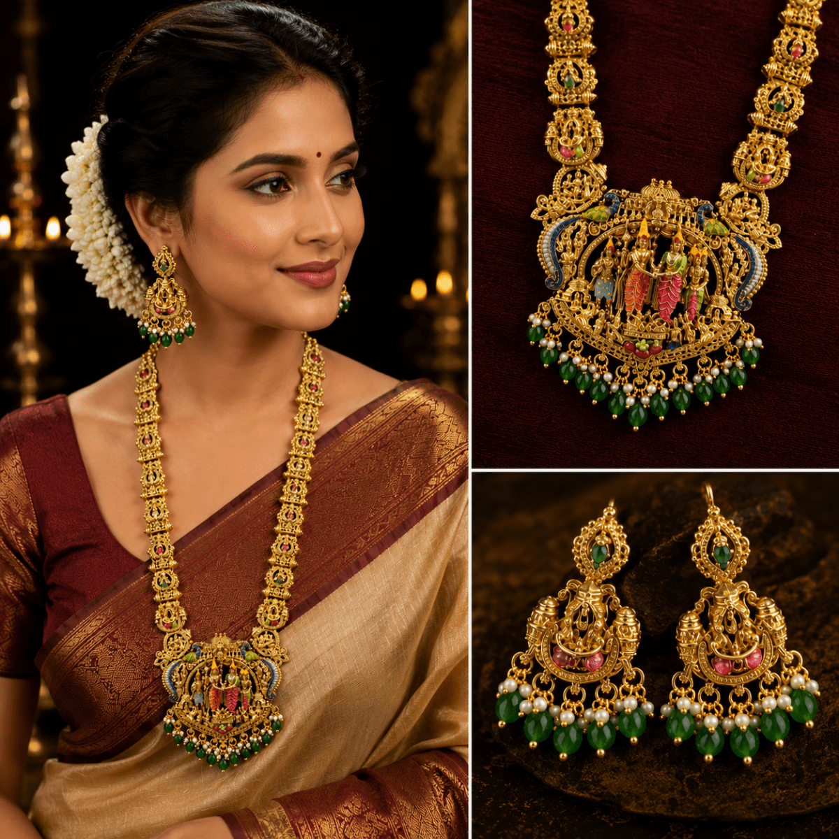 Premium Temple Ram Darbar Long Haram Necklace Set with Matching Earrings - Madhushrea collection