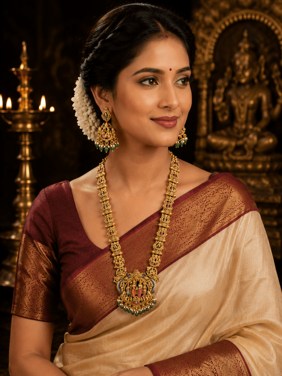 Premium Temple Ram Darbar Long Haram Necklace Set with Matching Earrings - Madhushrea collection